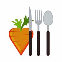 Image of a heart shaped carrot next to a knife, fork, and spoon
