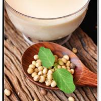Cup of soy milk and spoonful of soy beans