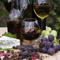 Wine glasses, fruit, chocolate, and vegan cheese display