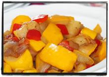spicy patty pan squash with red bell pepper and onion